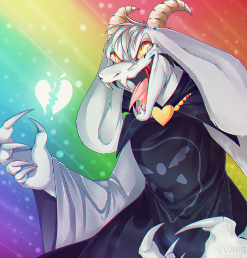 A big angry rainbow boy. Aka. Asriel Dreemur.It’s actually a redraw of an old drawing from 2016. I h