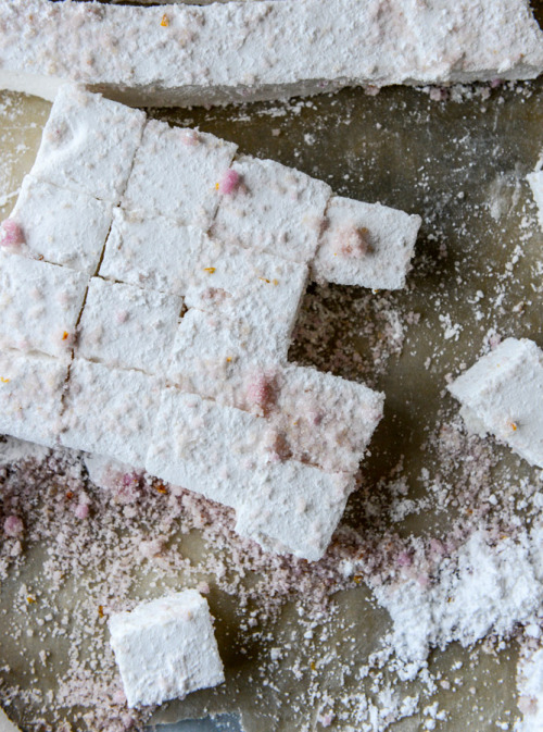 sweetoothgirl: chocolate dipped mini champagne marshmallows with blood orange sugar