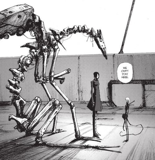 Black and white manga panel of the small safeguard Cibo with her black skeletal body, the human-like Sanakan, and the large machine resembling a four legged animal folding up as it sits down, all standing together as Sanakan says, "We can't stay here."