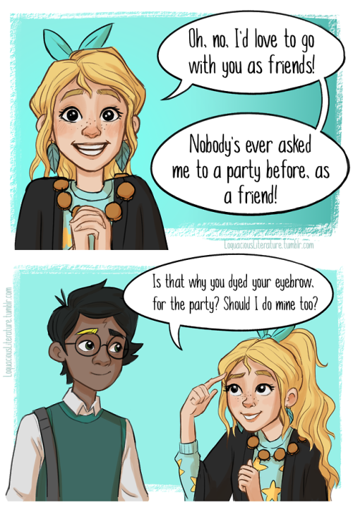 loquaciousliterature:  Yesss Luna, do it! You’re probably the only one who could pull off that look anyway… :) Phew! This is my longest comic to date. I didn’t want to cut out the Hermione sadness or the Luna goodness, so I decided to make it 13