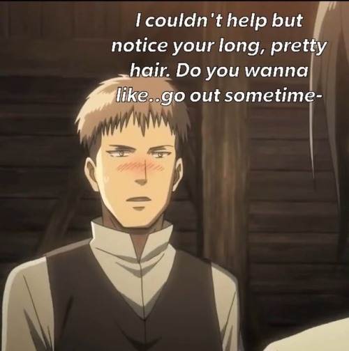 willow-mariah:I couldn’t sleep last night and was staying up super late. Then I thought about Jean mistaking Mikasa for Eren after I saw Eren’s long hair in chapter 97. I then cracked myself up imagining Jean in season 1 and thinking of photoshopping