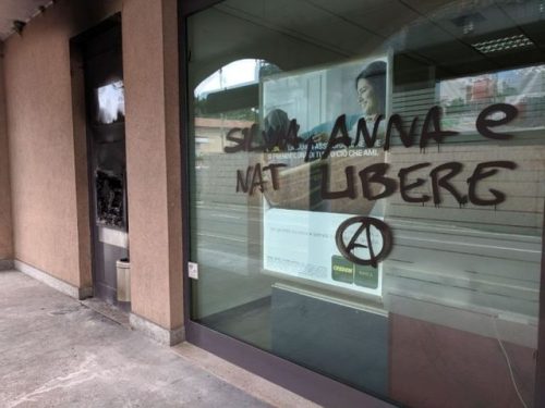 On the 12th July 2019 an ATM was torched inSaronno, Italy and “Free Silvia, Anna and Nat” was spray 