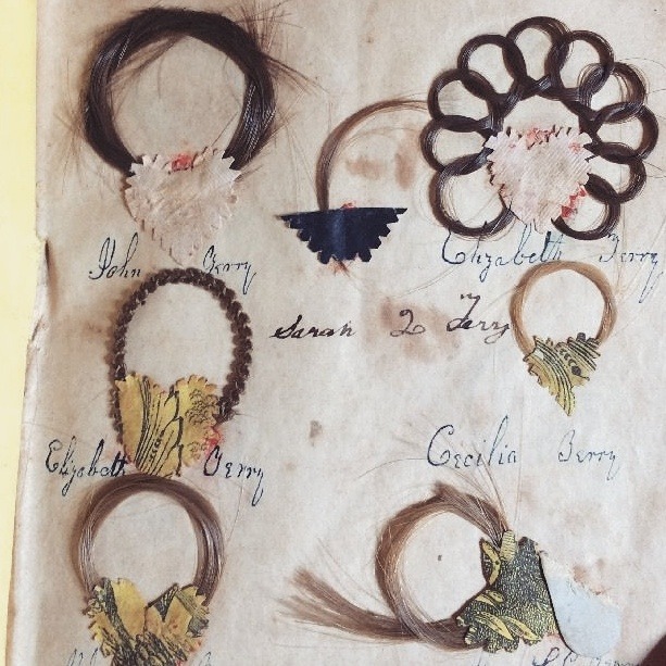 roses–and–rue:A page from a tiny Victorian hair album, a prized item in my collection. 