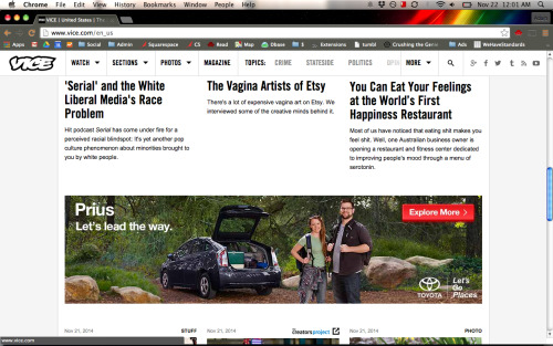This screenshot encapsulates my last hour of web-browsing. Thanks Vice. Thanks Prius couple.