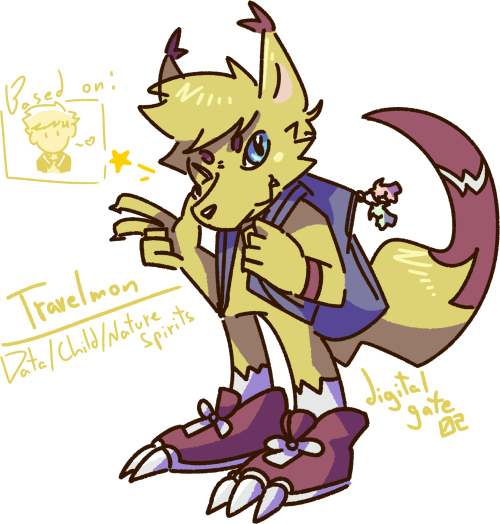 Travelmon | トラベルモン Small wolf-like digimon who likes to travel a lot. Attacks by throwing things ins