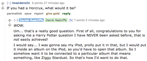 cottognapple:simplypotterheads:HP + HP cast related questions in Daniel Radcliffe’s Reddit AMA (27 O