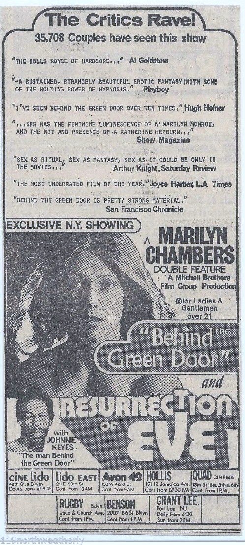 New York newspaper advertisement for Behind the Green Door/Resurrection of Eve double