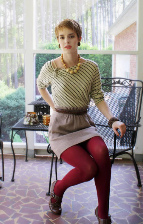 Opaque red tights, beige skirt, line patterned shirt and brown shoes