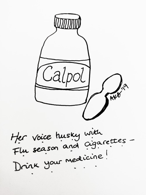 Line drawing of a bottle of Calpol (brand of cough medicine) and spoon. Haiku underneath, as below. 