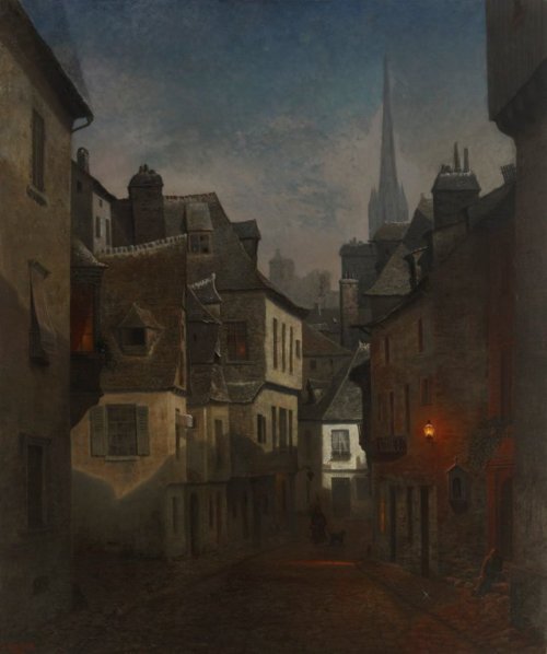Street in Quimper, Brittany, Nocturnal View   -    Oscar Conrad Kleineh, 1874.Finnish, 1846-1919oil 