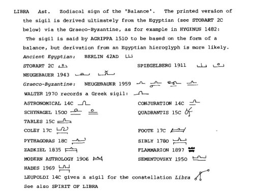 Sigils for the zodiacal sign Libra, taken from The Dictionary of Occult, Hermetic, and Alchemical Si