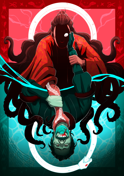 jaradraws: ouroboros [ID: OFMD fanart of Ed strangling Izzy. Ed is on top, lit in red tones and wear