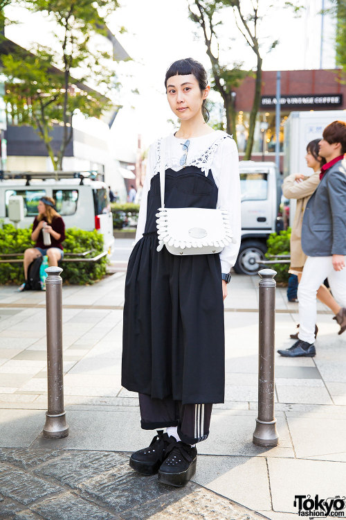 tokyo-fashion:  Yama from Tokyo Bopper on the street in Harajuku wearing a vintage monochrome look with a Tokyo Bopper bag and Tokyo Bopper ribbon-laced platforms. Full Look