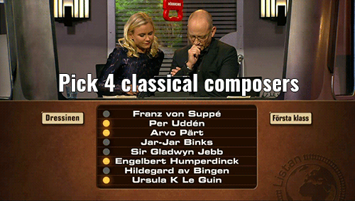 Someone picked jar-jar binks as a classical composer on a swedish quiz show&hellip;