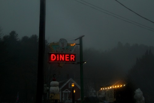 highways-are-liminal-spaces:Diner lights through the evening fog, Brattleboro, VermontTaken December