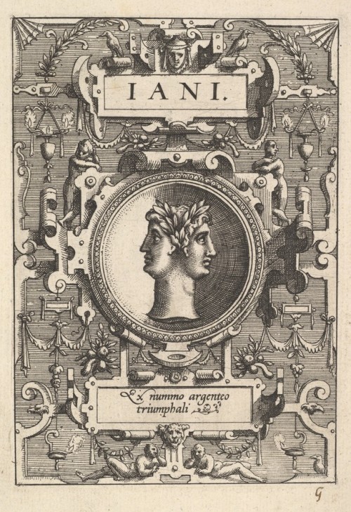 Bust of Janus surrounded by strapwork, from the series Deorum dearumque, a set of images of deities 