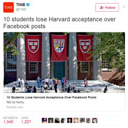 swagintherain: Harvard decided to rescind offers of acceptance to at leas 10 incoming youth for the class of 2021 after conducting an investigation that unfolded offensive messages these people posted on the social media, specifically on Facebook. They