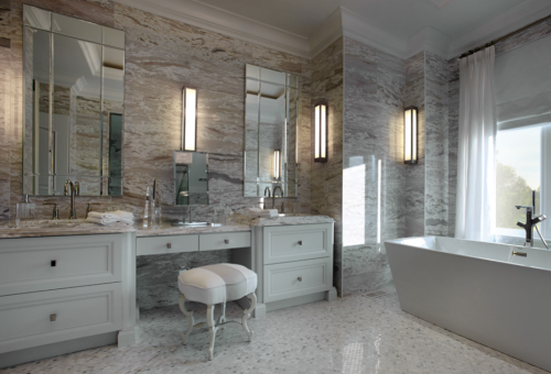 {Upstairs, that “obscure traditional” style continues. The master bedroom has that exagg