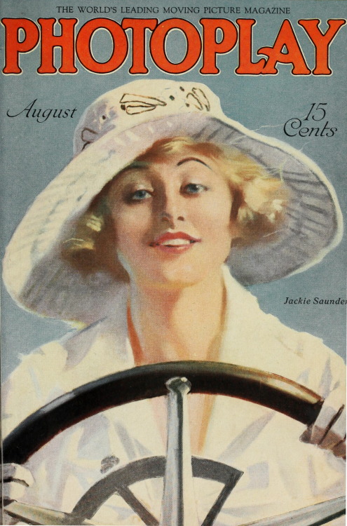 Jackie Saunders behind the wheel on the cover of Photoplay, August 1917. Internet Archive.