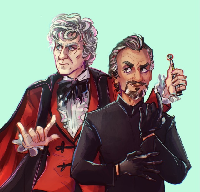 Digital painting of the Third Doctor and Roger Delgado's master. The Doctor is looking off to the left with a stern expression and holding his sonic screwdriver out to the side with his left hand. He's wearing his red velvet coat and black cape. The master is in front of him. He's grinning with his hands held in front of him. 