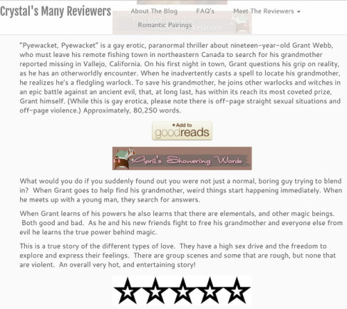 Awesome! April at Crystal’s Many Reviewers wrote a five-star review of my gay erotic, paranorm