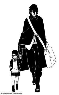 arounagein-art:  うちはサスケサラダ-With Papa…[Acting confident and cool like her papa （￣ー￣）…]Characters belong to Masashi Kishimoto © 