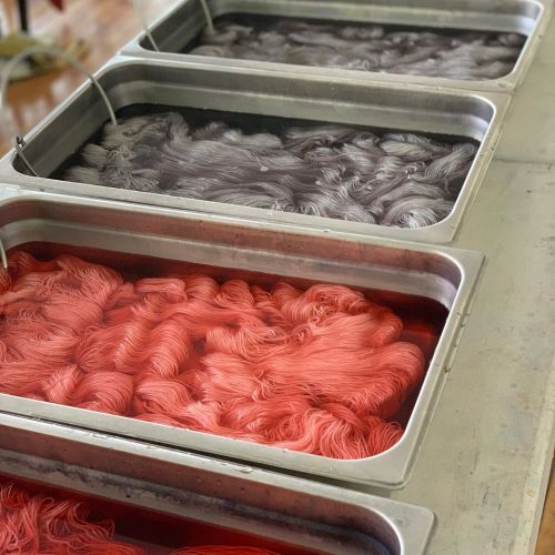 Monday in the dye kitchen… Blood Orange and Bayberry are in the pots for all the Spring feels