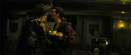 oateyboat:  I think this might be my favourite scene in all the Pirates of the Caribbean films. I can’t decide whose reaction I like best: Davy Jones’ look of sheer pride after ruining Will’s tea, Will’s look of “For fuck’s sake, I was drinking
