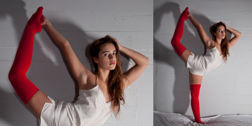 americanapparel:  Lera, wearing the Silky Romper and Cotton Solid Thigh-High Sock, Fall 2011. 