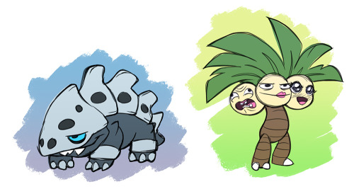 Some doodles of the “starter pokemon” of a friend’s “Randomized Nuzlocke Destiny Bond” Pokemon playt