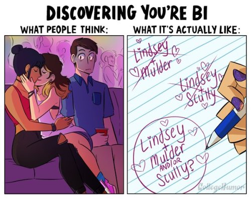 flashytitle:  american-dirtbag:  pr1nceshawn:    What People Think Being Bisexual is Like vs. What It’s Really Like.  Yaaaaaas!   Just because you’re married doesn’t mean your monogamous.  This is cute and funny but has truth behind it. I’ve