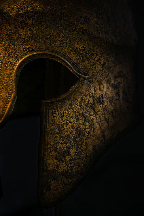 coolartefact:  Helmet on display in the Olympia Archaeological Museum, Peloponnese