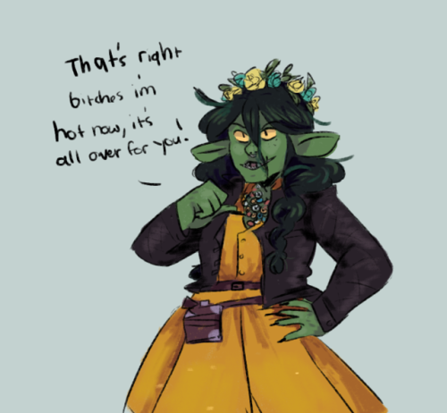 sevenredrobes: iridescentpsychoart: SHE LOOKS SO GOOD IN YELLOW THO [ID: A drawing of Nott on a pale