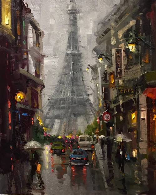 huariqueje:Rainy day in Paris  -   Mostafa Keyhani,Iranian-Canadian , b.1954-Oil on canvas,  16 x 20