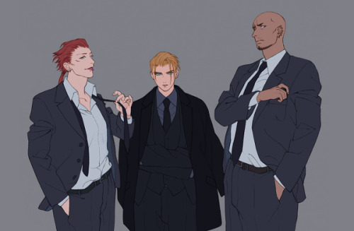 thrasirshall:  fuckyeahshinra:  thrasirshall:  Art by Kei on Pixiv. There’s some really nice images of them in winter coats and suits~  Never thought Rufus would pull off all black, but he really does.  Headcanon: Set during his father’s funeral,