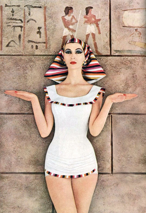  Dovima wearing an Egyptian style swimsuit from The Egyptian Swimsuit Collection by Cole of Californ