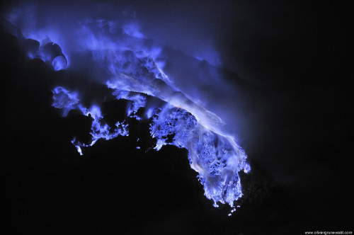 sixpenceee:Neon blue lava pours from Indonesia’s Kawah Ijen Volcano. The reason it’s blue is because