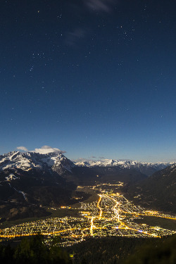 l0stship:  Moonlight over Wetterstein and lights of Garmisch-Partenkirchen N° 2 / by Bernhard Thum 