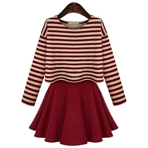 Dark Red Stripe Long Sleeve 2pc Mini Dress ❤ liked on Polyvore (see more long sleeve striped dresses