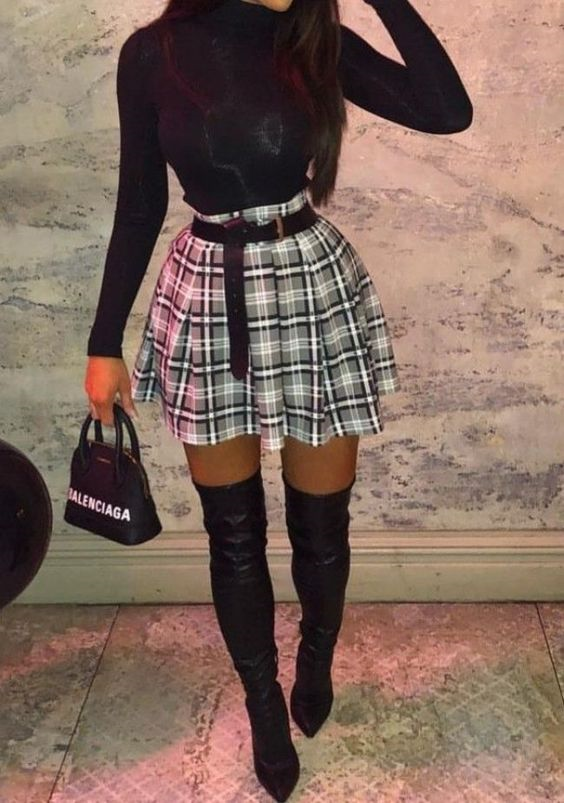 plaid skirt thigh high boots