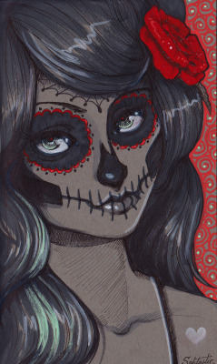 sabtastique:  Sugar Skull Girl (drawn on gray paper and coloured with acrylic fluorescent paint markers) 