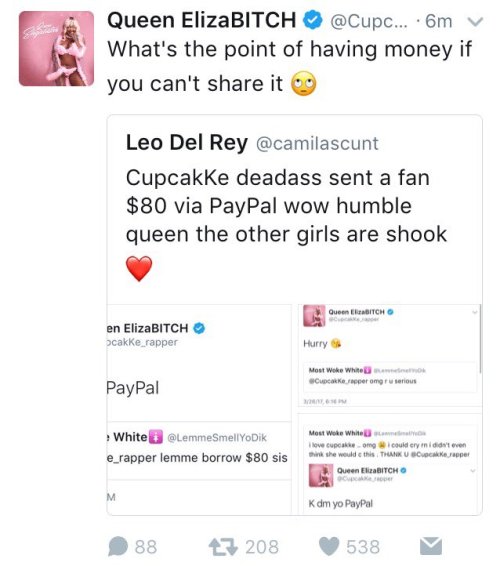 hustleinatrap:    A fan randomly asked Cupcakke for ๠ on Twitter and she did. She’s truly a kind, generous soul.   #BlackPride 