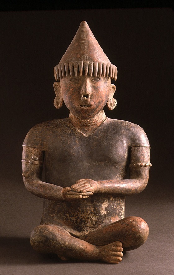 fishstickmonkey:
“    Seated Male Figure with Fringed Headdress    Mexico, Nayarit, 200 B.C. - A.D. 500
Sculpture Slip-painted ceramic 19 x 11 x 9 in. (48.26 x 27.94 x 22.86 cm) LACMA ”