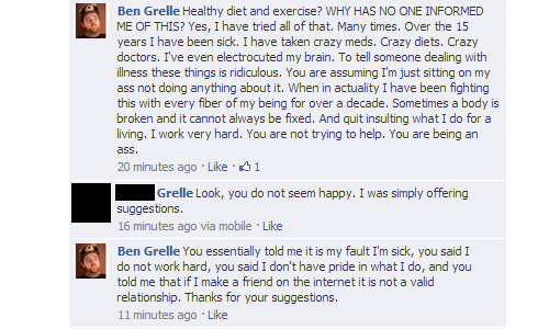 thefrogman:  A lot of people ask me advice on how to deal with family members who don’t understand the nature of illness. I hate to make an example of my cousin here, but this is the kind of interaction people with invisible illnesses have on a regular