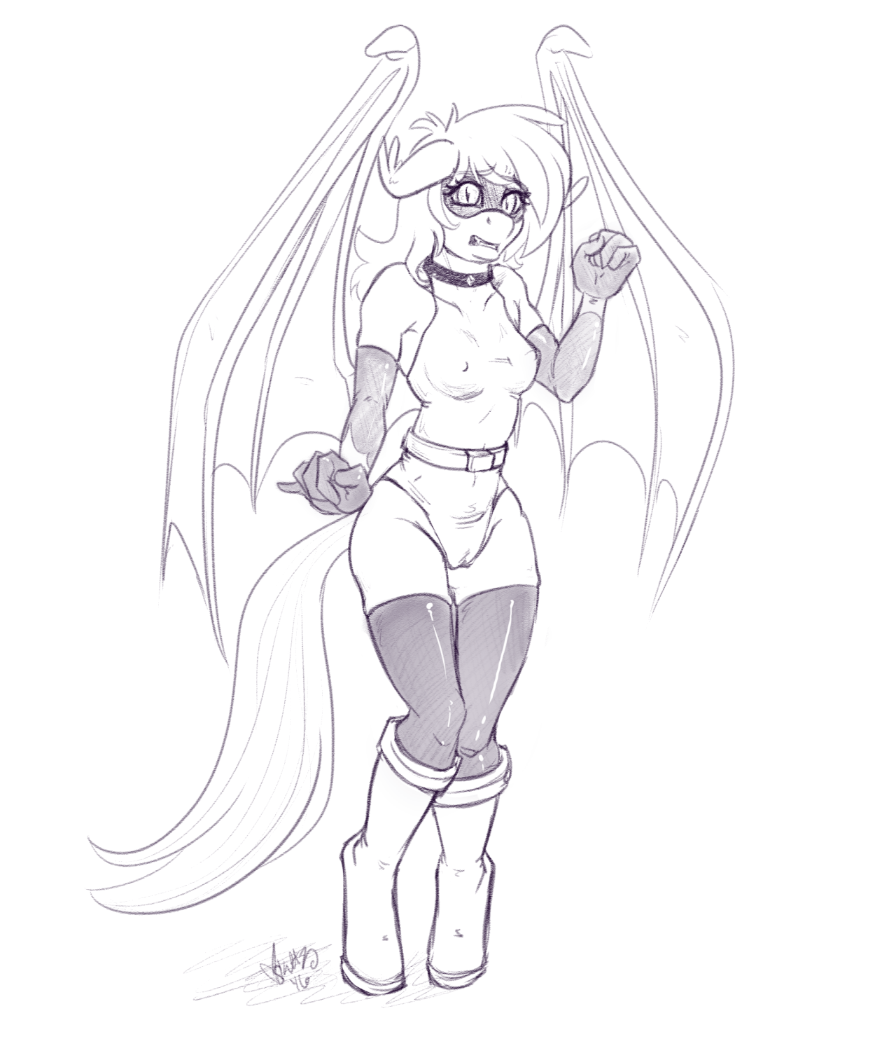 in-stream donation doodle for Duskthebatpack of his OC nervously cosplaying a sexy