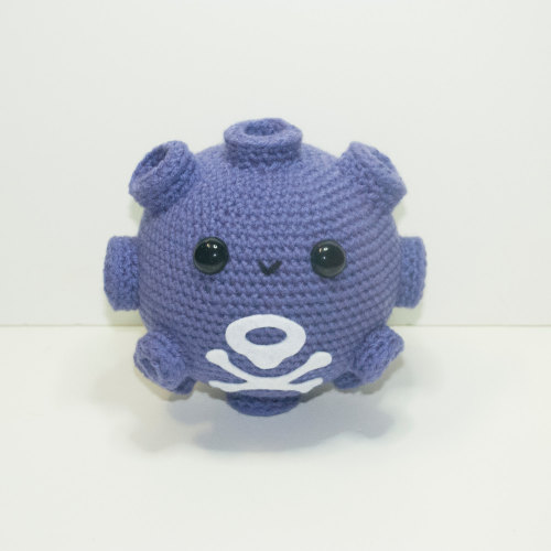pokemon-i-choose-you:  heartstringcrochet:  #109 Koffing, the Poison Gas Pokémon.  Now available and READY TO SHIP! https://www.etsy.com/listing/204514338/koffing-made-to-order I gave this chubby guy two gas craters to look like his hands. :}  THIS