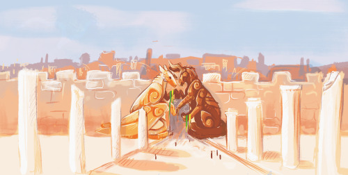 Old but good; a scenery concept art piece I did for a dragon rider rpg. These two giant statues guar