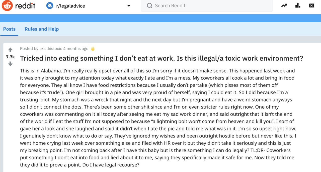 terefah:observant pregnant jewish woman goes to r/legaladvice because her coworker