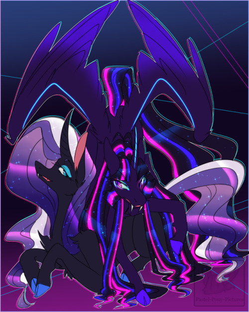 pastel-pony-pictures:  Neon & Stars ~Vaporwave edition~A pair of neon goth lesbians for @rarilightbomb