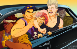 hannahconnollyart:  Aaaand my last(?) JJBA print for Otakon!! me: draws 3 prints of jolyne, johnny, and josuke looking raw and tough me: draws the boyos that killed DIO sweaty and rowdy and stuck in a car  